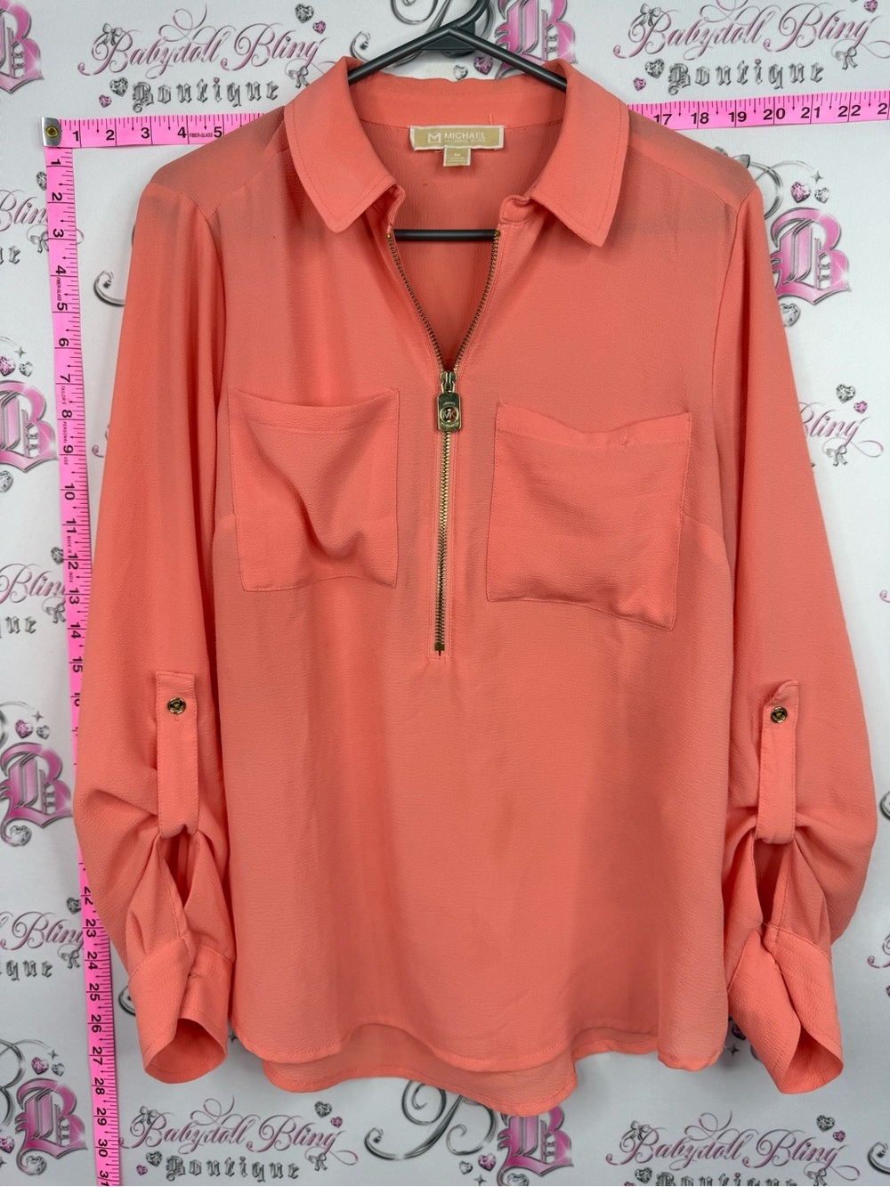 Michael Kors blouse charm zip pull Coral Zip-Front Long Sleeve Blouse